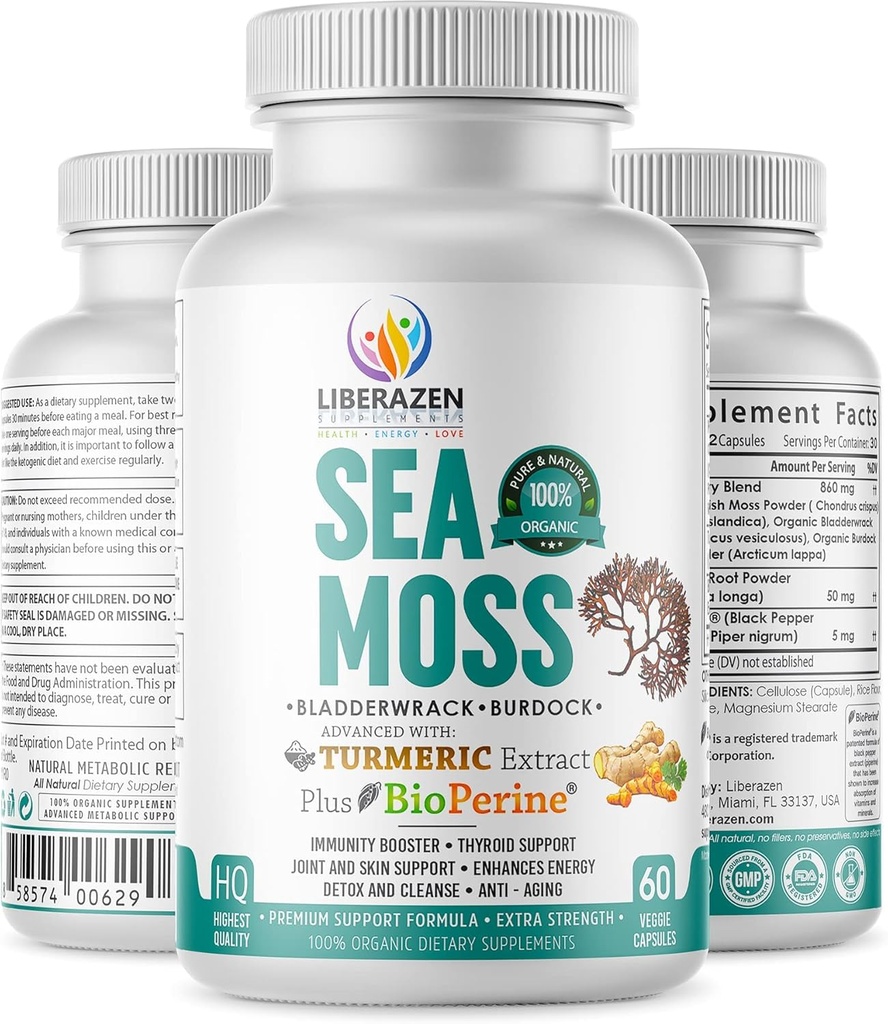Biologische Irish Sea Moss Pillen - Wildcrafted Dr Sebi Inspired Seamoss Blend with Turmeric, Burdock Root & Bladderwrack, Enhanced with Black Pepper - 60 Capsules