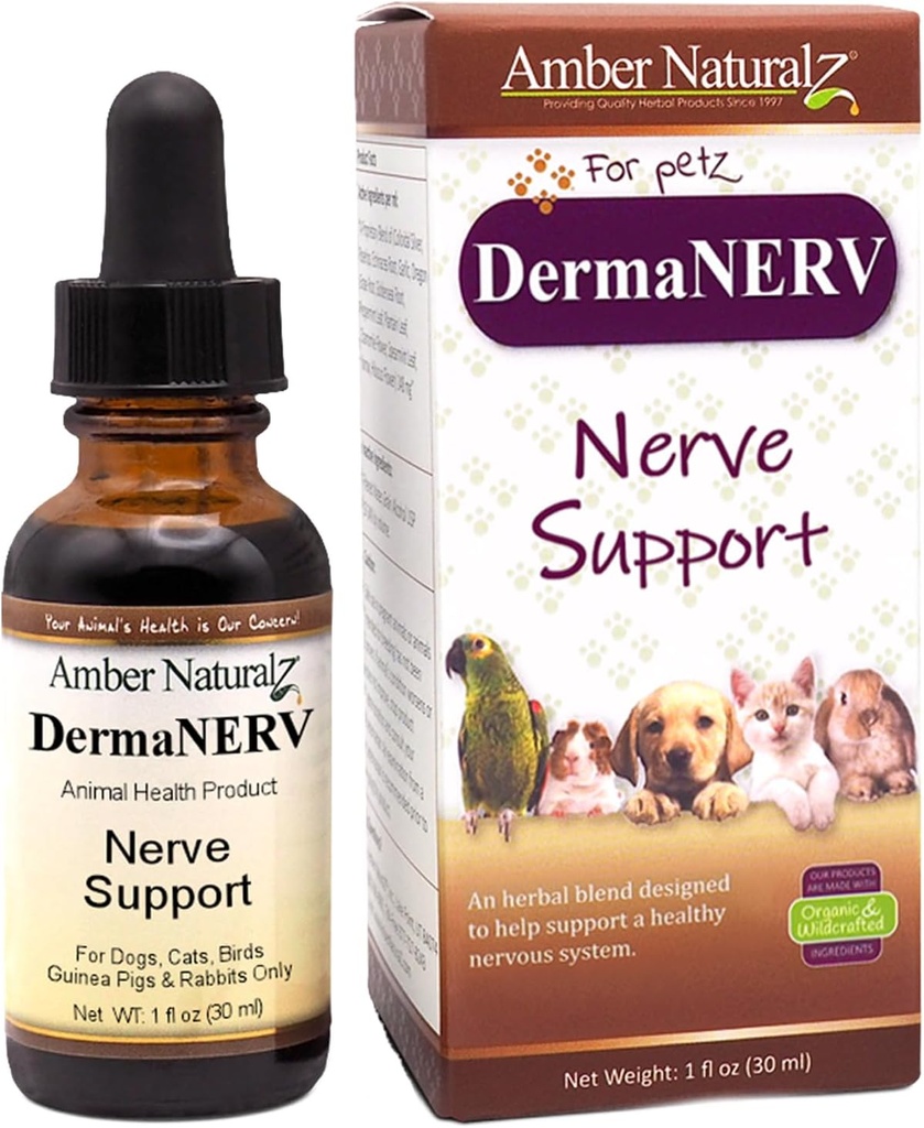 Amber NaturalZ DermaNERV supplément à base de plantes pour les chiens, les chats, les oiseaux, les lapins et les cochons de Guinée