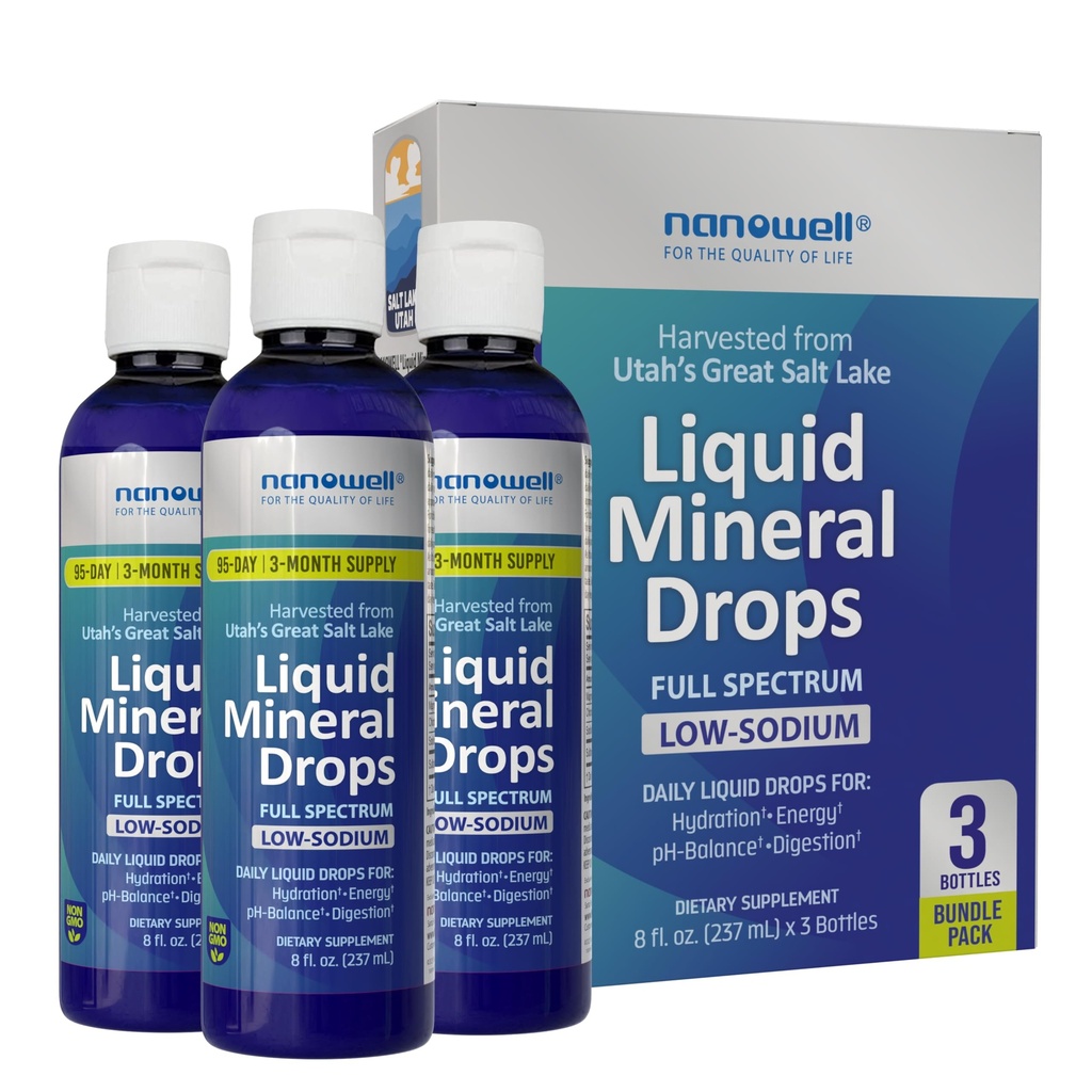 Liquid Mineral Drops - Trace Mineral Supplement - Plein spectre Minerals - Ionic Liquid Magnésium, Chlorure, Potassium - Faible Sodium - Énergie, Electrolytes - 288 jours d'approvisionnement, 8 fl oz (paquet de 3)