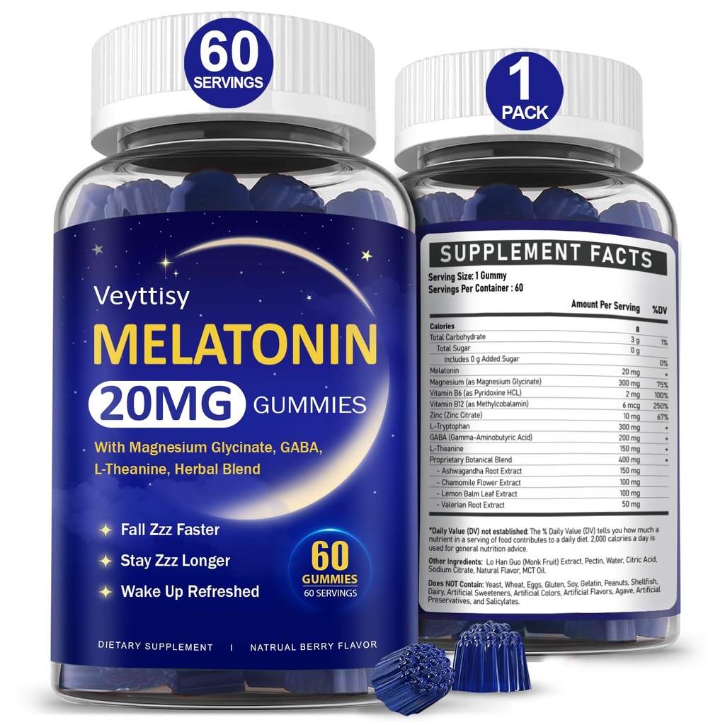 Melatonin 20mg Gummies for Adults - Max Strength Melatonin Gummy Supplement with Magnesium Glycinate, B6, B12, L-Theanine, GABA, & Herbs - Non-Habit Forming, Vegan, Natural Mixed Berry Flavor