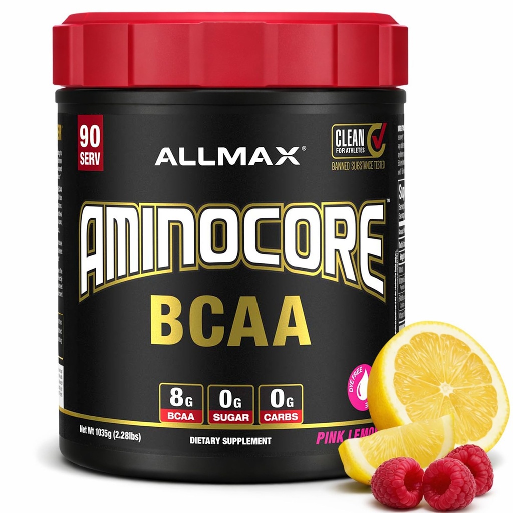 ALLMAX Nutrition AMINOCORE BCAA, Pink Limonade - 945 g poeder - 8,18 Gram van vertakte keten Aminzuren per portie - met B-vitaminen - Geen fillers of non-BCAA Aminos - Suikervrij - 90 porties