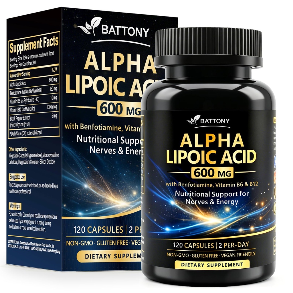 Battony Alpha Lipoic Acid 600 mg with Benfotiamine, Vitamin B6 & B12, Non-GMO, Gluten Free, Vegan Friendly Lab Tested, ALA Supplement 120 Capsules,2 Month Supply