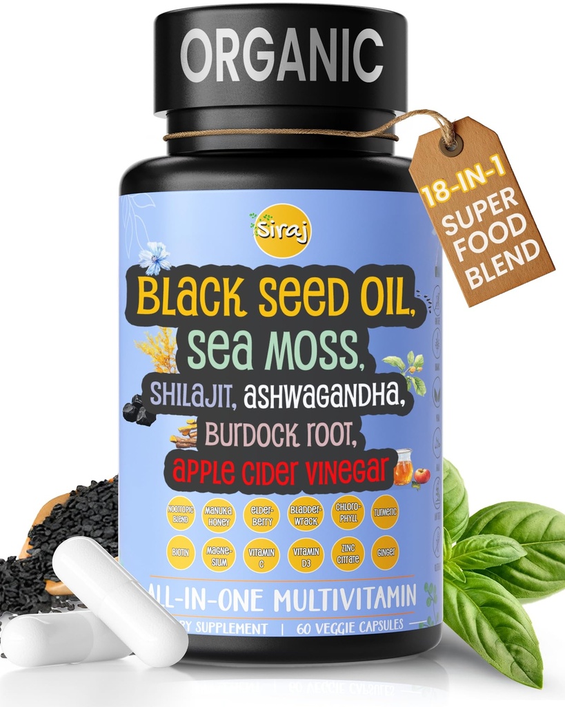 Siraj 18-in-1 Superfood Multivitamin - Irish Sea Moss, Black Seed Oil, Shilajit, Ashwagandha, 5% Thymoquinone, Burdock Root, Nootropic Supplement for Immunity, Focus, Energy and Mood - 60 Capsules
