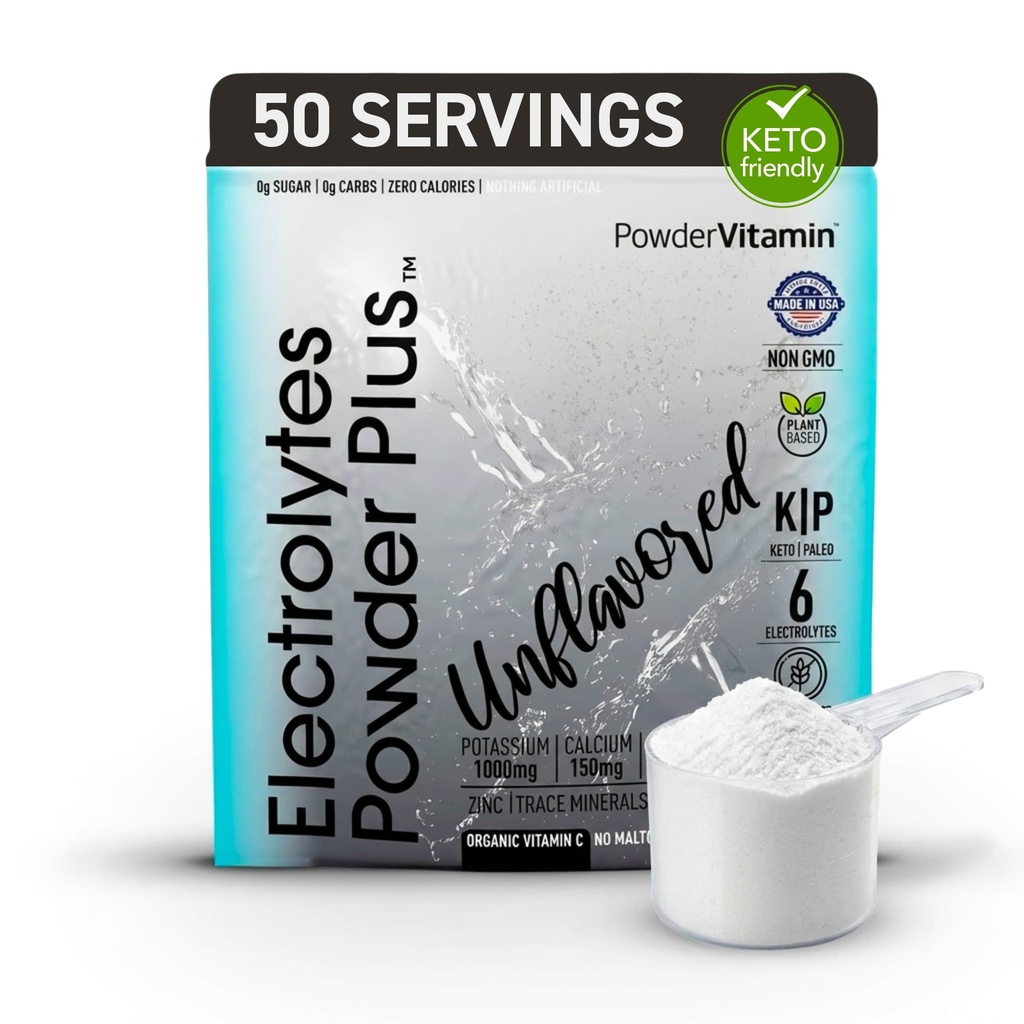 PoederVitamine Electrolytes Powder Plus (50 porties) Ongearomatiseerde Electrolyte Poeder Keto, Suikervrij, Roze Himalaya Zout., 1000mg Kalium,150mg Calcium,150mg Magnesium, NO Stevia