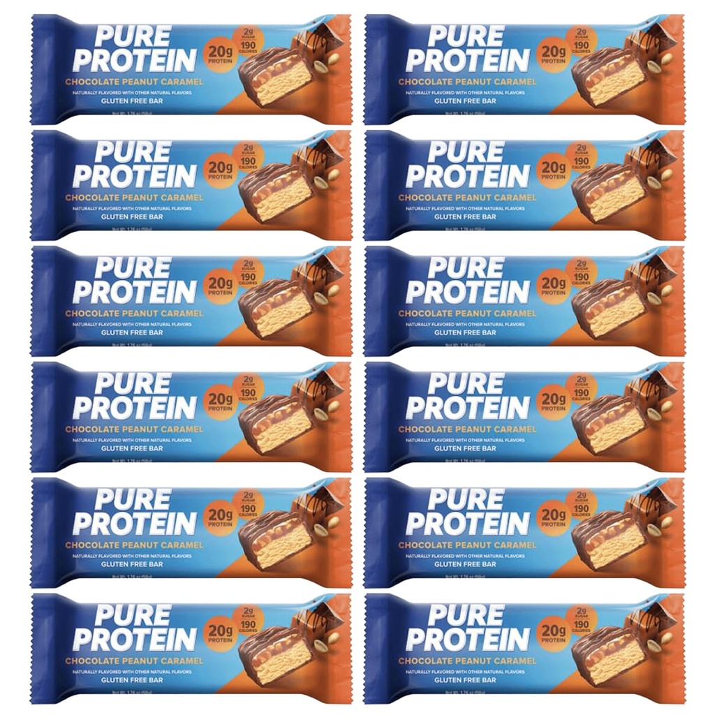 Pure Protein Bars, High Protein, Nutritious Snacks to Support Energy, Low Sugar, 1.75oz Gluten Free, 12 Pack Chocolate Peanut Caramel