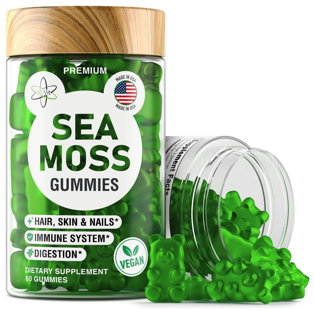BioVit Mousse de mer Gummies - Wildcrafted Irish Mousse de mer pour les adultes et les enfants - Gel Seamoss avec Bladderwrack & Burdock Root Extract - 60 Gommies végétaliens