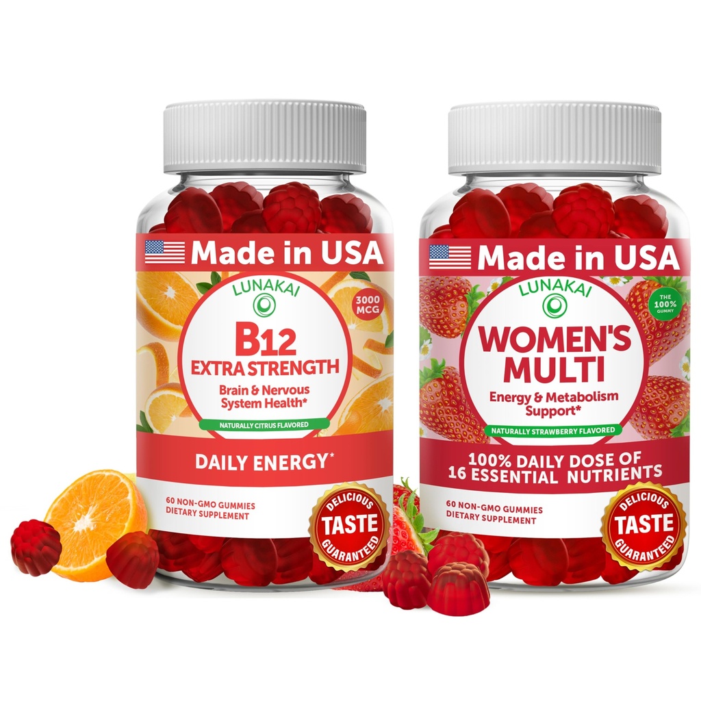 Lunakai Vitamine B12 and Women's Multivitamin Gummies Bundle - 3000mcg Methylcobalamine High Absorption Energy Gummy - 100% de la valeur quotidienne de 16 vitamines et minéraux essentiels Supplément - 30 jours d'approvisionnement