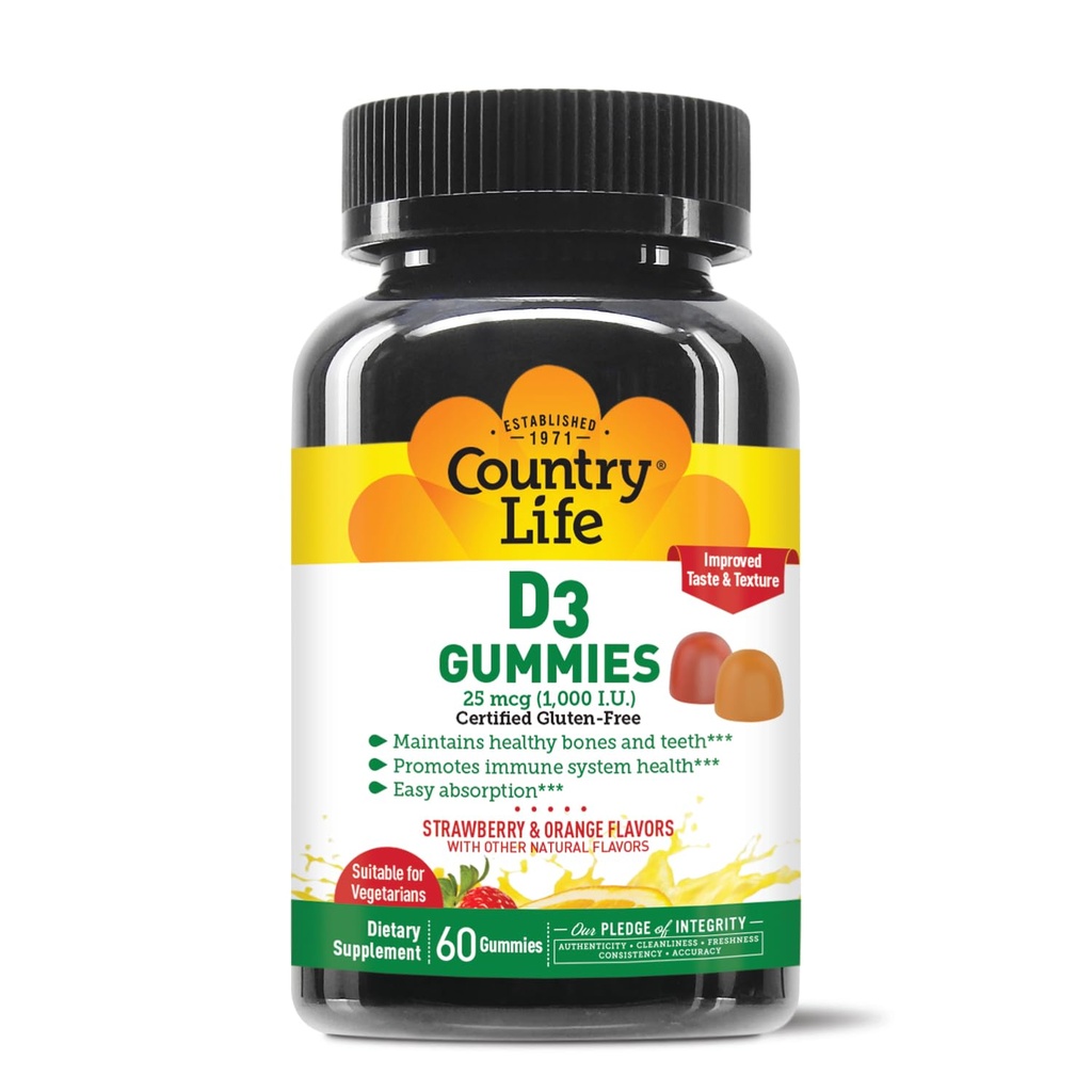 Country Life Vitamine D3 Gummies – 1000 UI Cholecalciferol, 60 Compte – Soutient la santé des os et des immunes – Végétarien, sans gluten, fraise et arômes d'orange – Pectine-basée, pas d'édulcorants artificiels