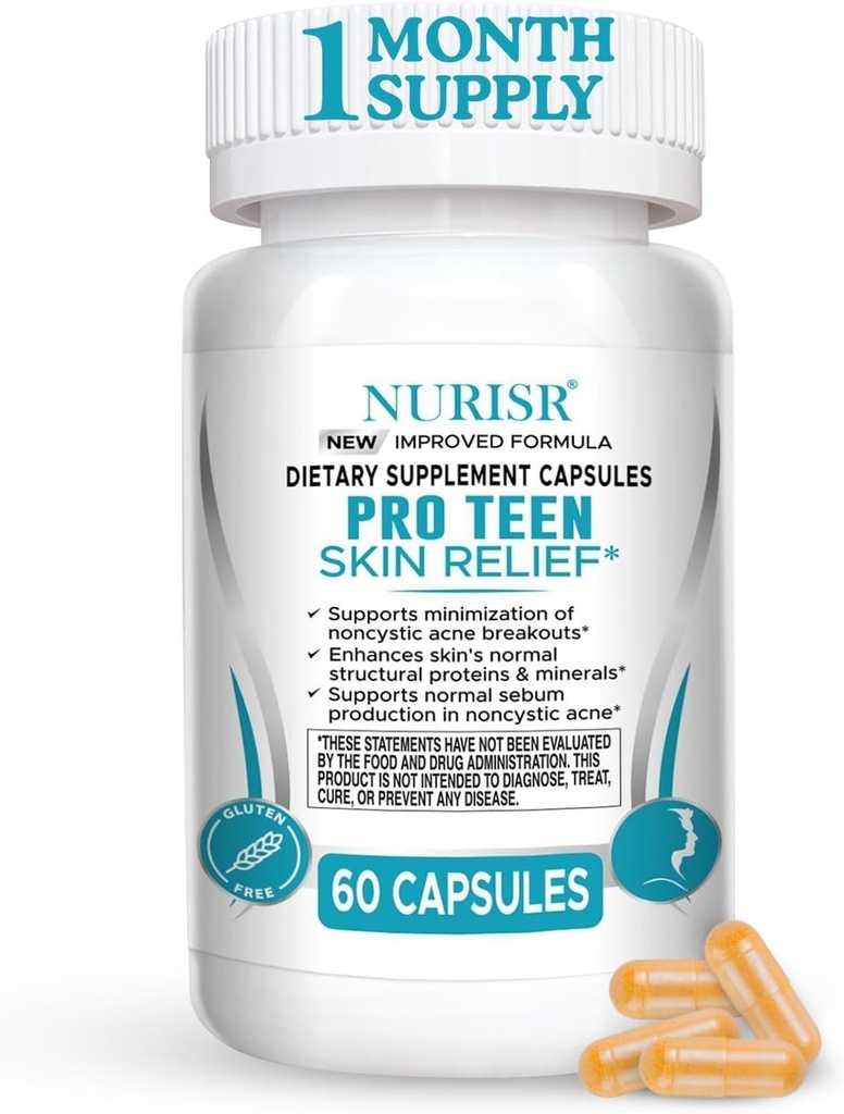 Acne Supplements for Teenagers with Vitamins A, B, C, E & Biotin for Clear, Radiant Skin, Supports Balanced Oil Production & Healthy Glow - Gluten-Free, 60 Capsules