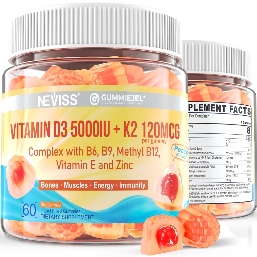 Vitamine D3 5000IU + K2 (MK-7) 120mcg, Sugar-Free Vitamine D3 K2 Gevulde Gummies met Vitamine B Complex - Methyl B12, B9, B6 en vitamine E & Zink, MCT olie - Ondersteunt bot & tanden sterkte, Immune, 2PACK
