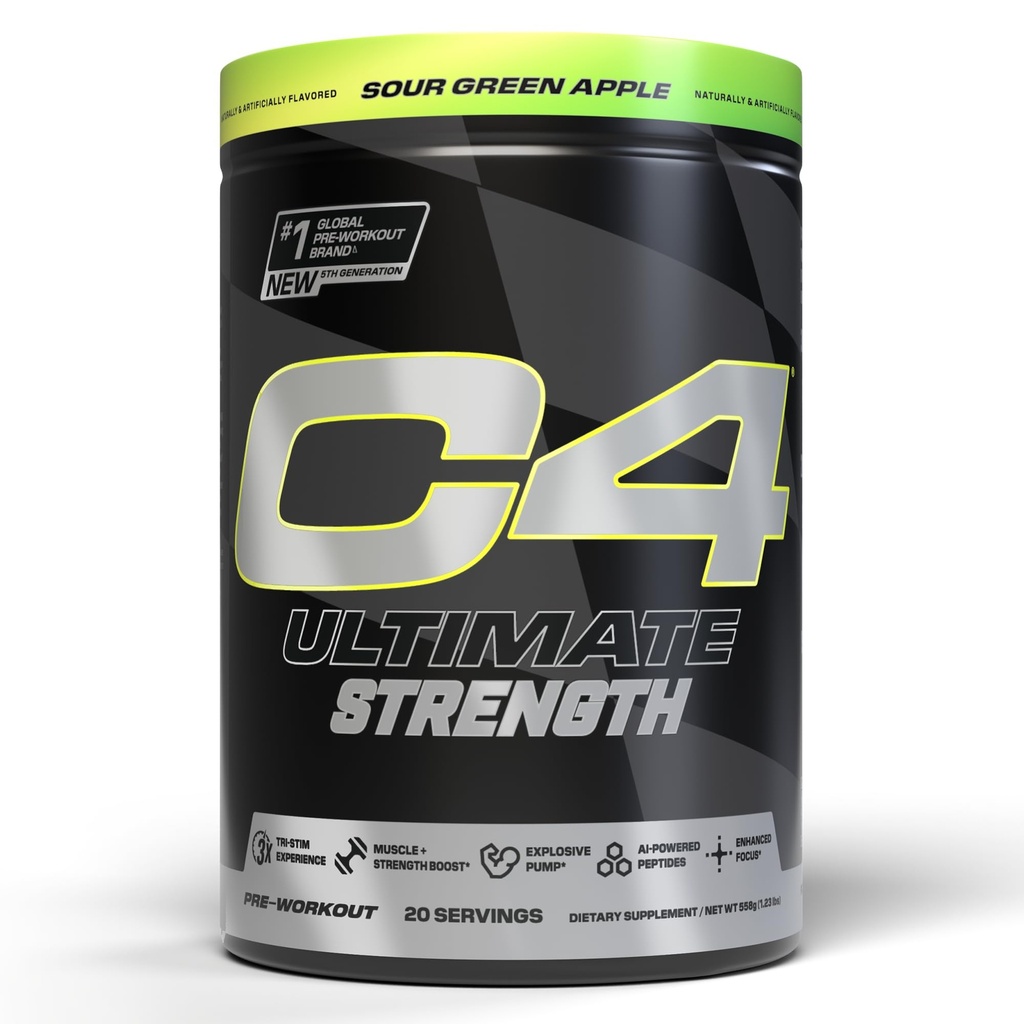 Cellucor C4 Ultimate Strength Pre Workout Powder - Tri-Stim Experience 300mg Caffeine+TeaCrine+Dynamine - Creatine & Beta-Alanine - Energy Supplement for Men & Women - Sour Green Apple, 20 Servings