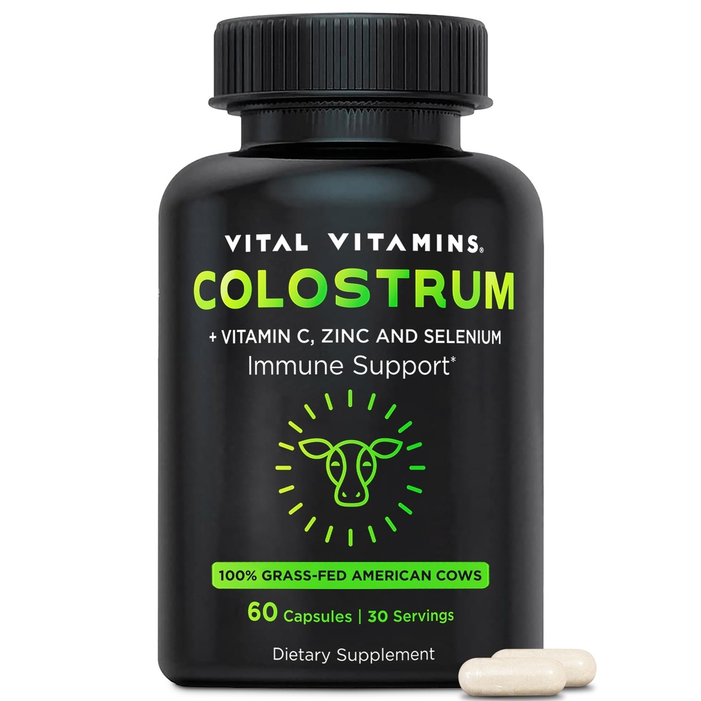 Vitale vitamines Colostrum Supplement - Vitamine C, Zink, & Selenium - van First Milking - Gestandaardiseerd tot 10% IgG Immunoglobulinen - Grass-Fed American Cows - 60 Capsules