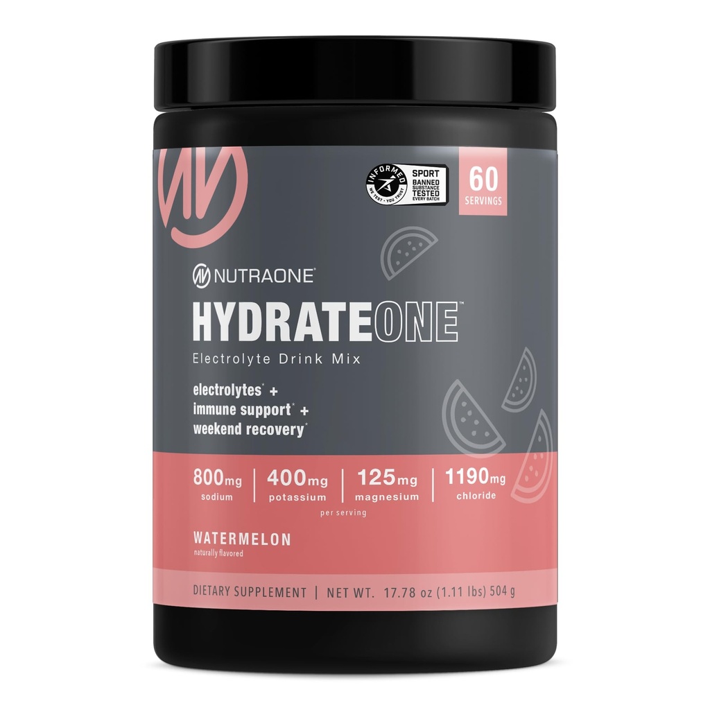 NutraOne HydrateOne, Electrolyte Drink Mix On-The-Go | Watermelon, 60 Servings