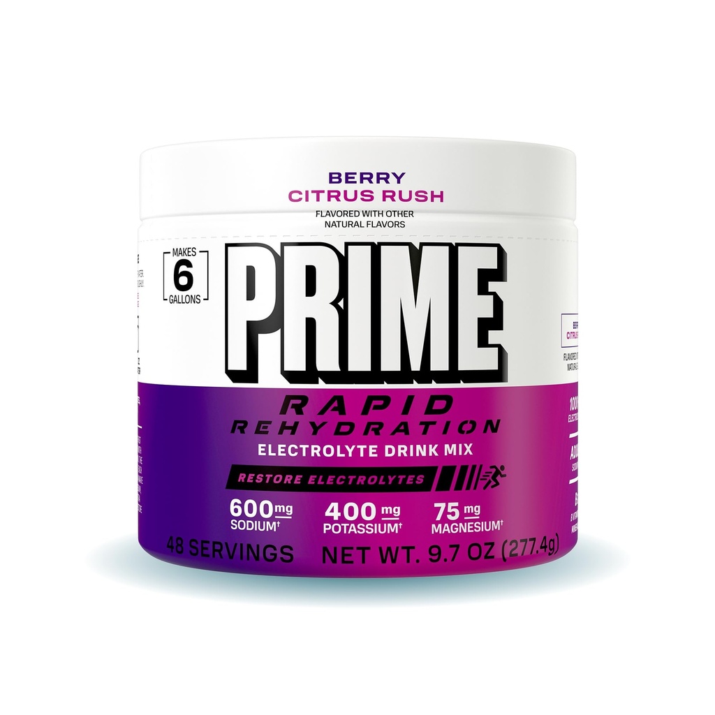 Prime Rapid Rehydration Electrolyte Powder, Berry Citrus Rush, Sugar Free Hydration Drink Mix with Sodium, Potassium, Magnesium & B Vitamins to Replenish Fluids, Caffeine Free, 6 Gallon Tub, 48 SRV