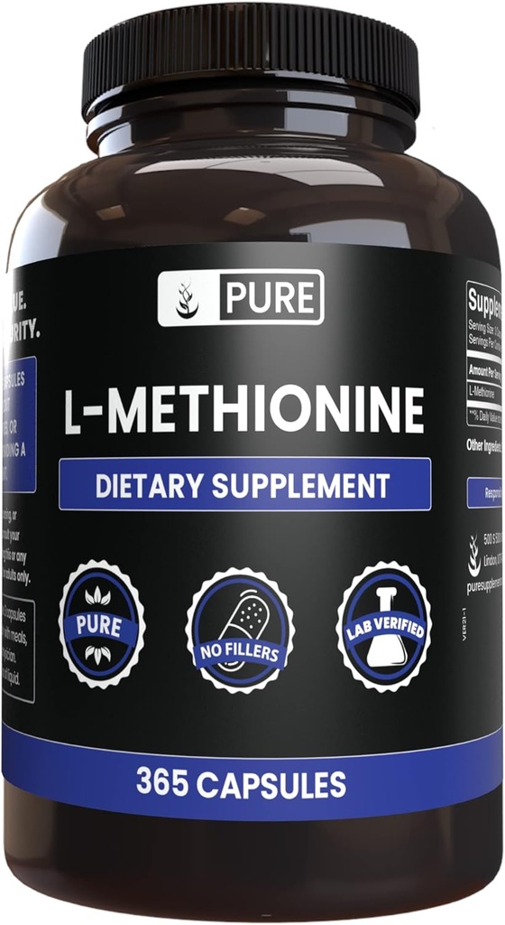 PURE ORIGINEEL INGREDIËNTEN L-Methionine (365 capsules) Geen Magnesium of rijstvullers, altijd zuiver, lab geverifieerd