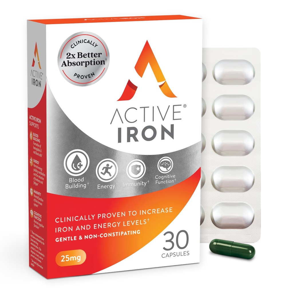 Supplément de fer actif 25mg – prouvé cliniquement pour augmenter les niveaux de fer et d'énergie – doux, non constipant, fortement absorbé – 30 capsules