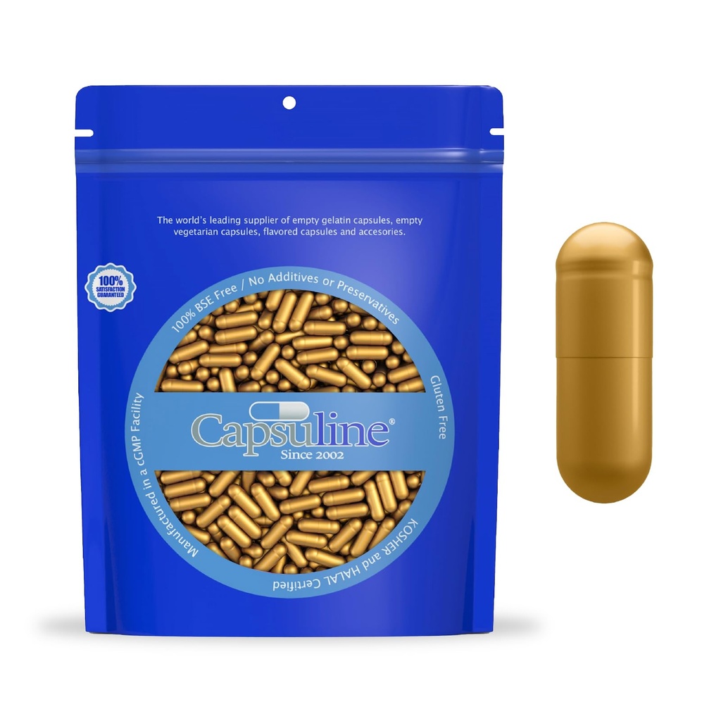 Capsulin Maat 0 - Gekleurd goud Lege Gelatine Capsules - 1000 Tel - Lege Gel Pill Capsules - DIY Pure Bovine Pill Capsule Filling - Lege Caps - Kosher en Halal Certified