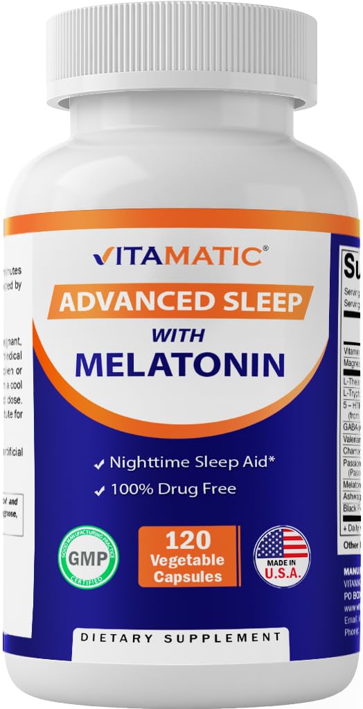 Vitamatic Advanced Sleep Aid with Melatonin - 120 Vegetable Capsules Made with B6, Magnesium, L-Theanine, L-Tryptophan, 5-HTP, GABA, Valerian, Chamomile, Passion Flower, Ashwagandha & Black Pepper