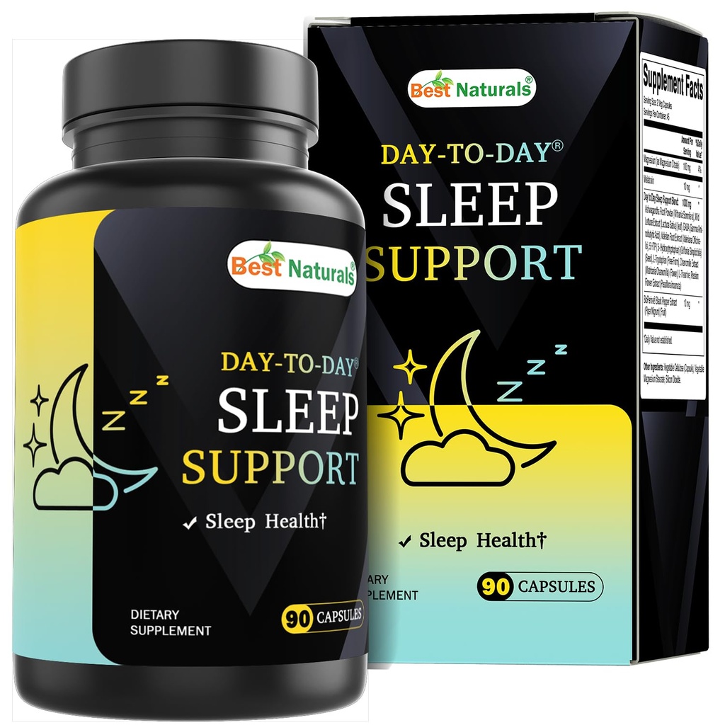 Best Naturals Day-to-Day Sleep Support with Melatonin, Magnesium, Ashwagandha, Wild Lettuce, GABA, Valerian, 5-HTP, Tryptophan, Chamomile, L-Theanine, Passion Flower 90 Veg Capsules