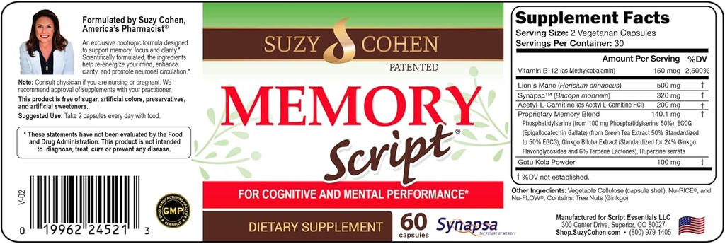 Suzy Cohen Mémoire Script avec Lions Mane, Phosphatidylsérine, Extrait de Thé Vert et Ginkgo - Supplément Soutien Cerveau pour Focus - Capsules Nootropiques pour la Cognition, rappel plus rapide et l'humeur