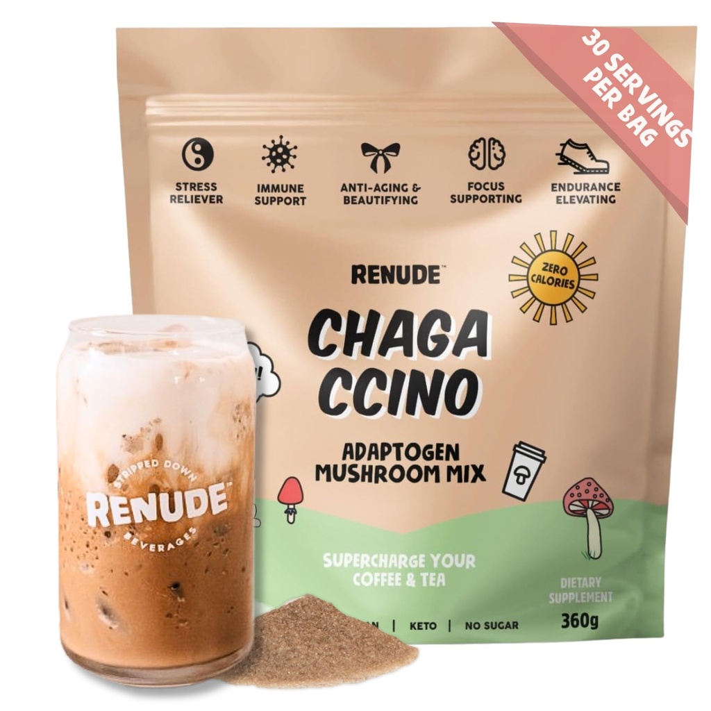 Renude Chagaccino - Chaga Mushroom Powder, Mushroom Coffee Drink Mix met Adaptogens, Natuurlijke Energie en Immune Support, Vegan, Keto, Zero Calorie Mushroom Blend Powder - 30 porties