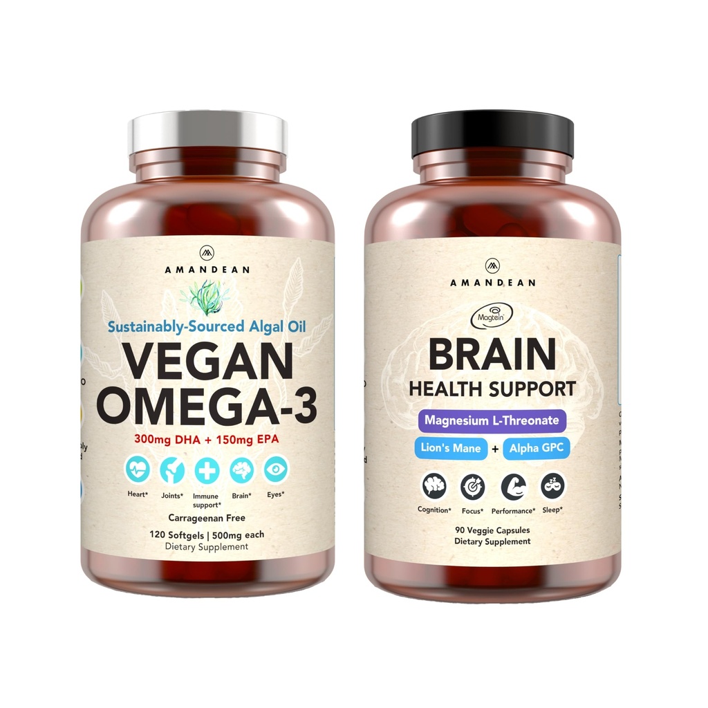 AMANDEAN Brain & Vegan Omega-3 Bundle: Magnesium Threonate, USA-Grown Lion Visolie Alternatief.