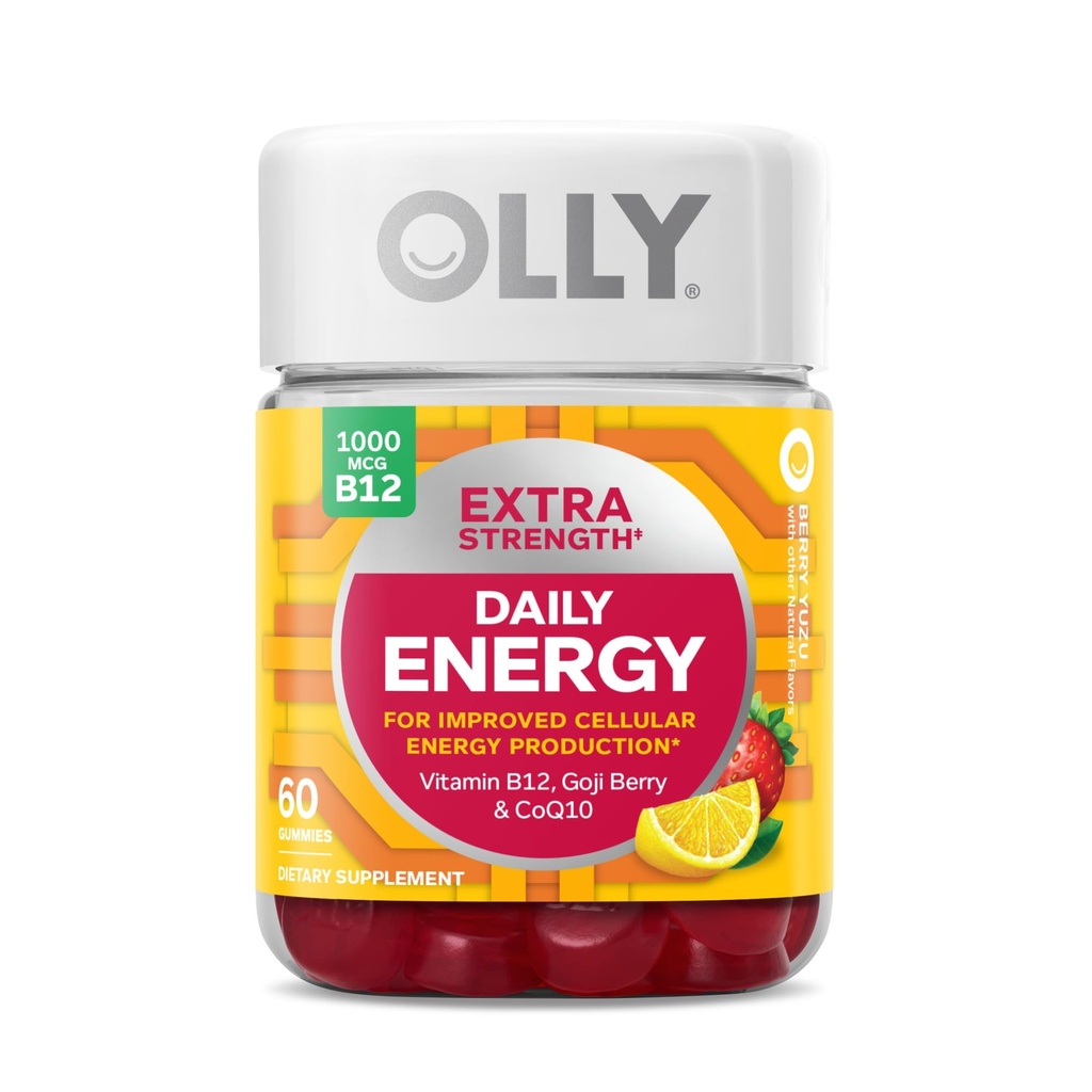 Cheveux OLLY ultra-forts, énergie quotidienne extra-forte, biotine, kératine, vitamine B12, CoQ10, Goji Berry Gummy Supplement Bundle - 30 Compte, 60 Compte