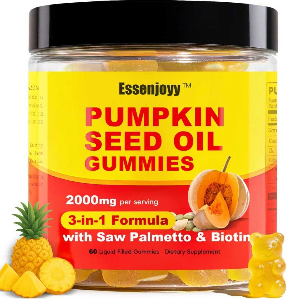 Sugar Free Pumpkin Seed Oil Gummies 2000mg for Women& Men – Pumpkin Seed Oil Supplement with Saw Palmetto & Biotin for Prostate Health, Hair, Skin & Nails – Vegan, 30 Servings, Pineapple Flavor
