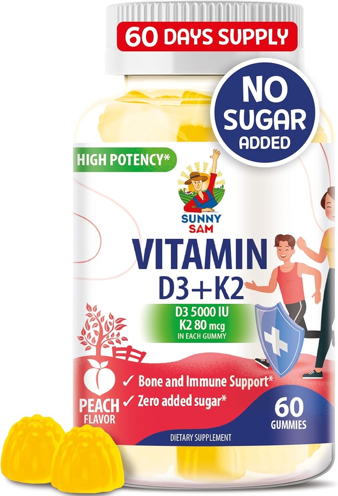 Suikervrije vitamine D3 K2 Gummies 5000 IE - Immune & Bone Support Gummies - Vitamine D Gummy Supplement voor volwassenen - High-Absorptie, Vegan, Halal, Glutenvrije Kauwbare Vitaminen