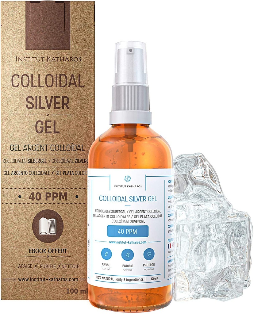 Pure Colloïdale Silver Gel 40 PPM 100% Natuurlijke en slechts 3 Ingrediënten Optimale Textuur en Absorptie (Beter dan crèmes) Amberglas en ultra-Praktische Pump • Ebook Inbegrepen • Institut Katharos