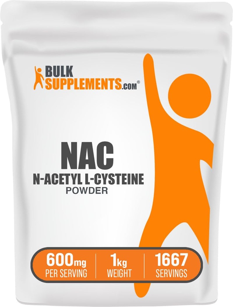 BulkSupplements.com NAC Powder - N-Acetyl Cysteine 600mg, NAC Supplement - Antioxidant Support, Gluten Free - 600mg per Serving, 1667 Servings, 1kg (2,2 lbs) (pakket van 1)