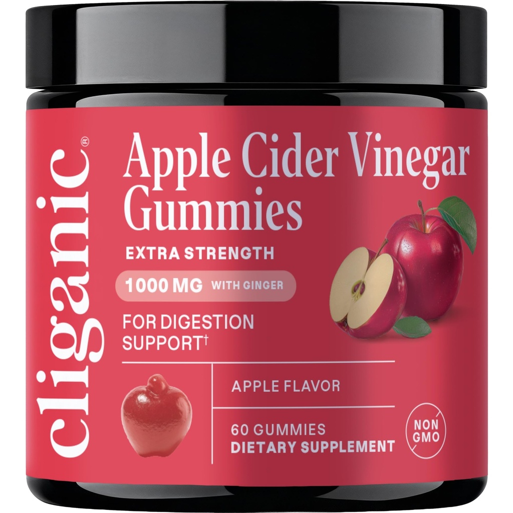 Cliganic Apple Cider Vinegar + Ginger Gummies – 1000 mg per Serving, Apple Flavor ACV Supplement for Women & Men, Non-GMO, Supports Digestion, Detox & Healthy Metabolism, 60 Count