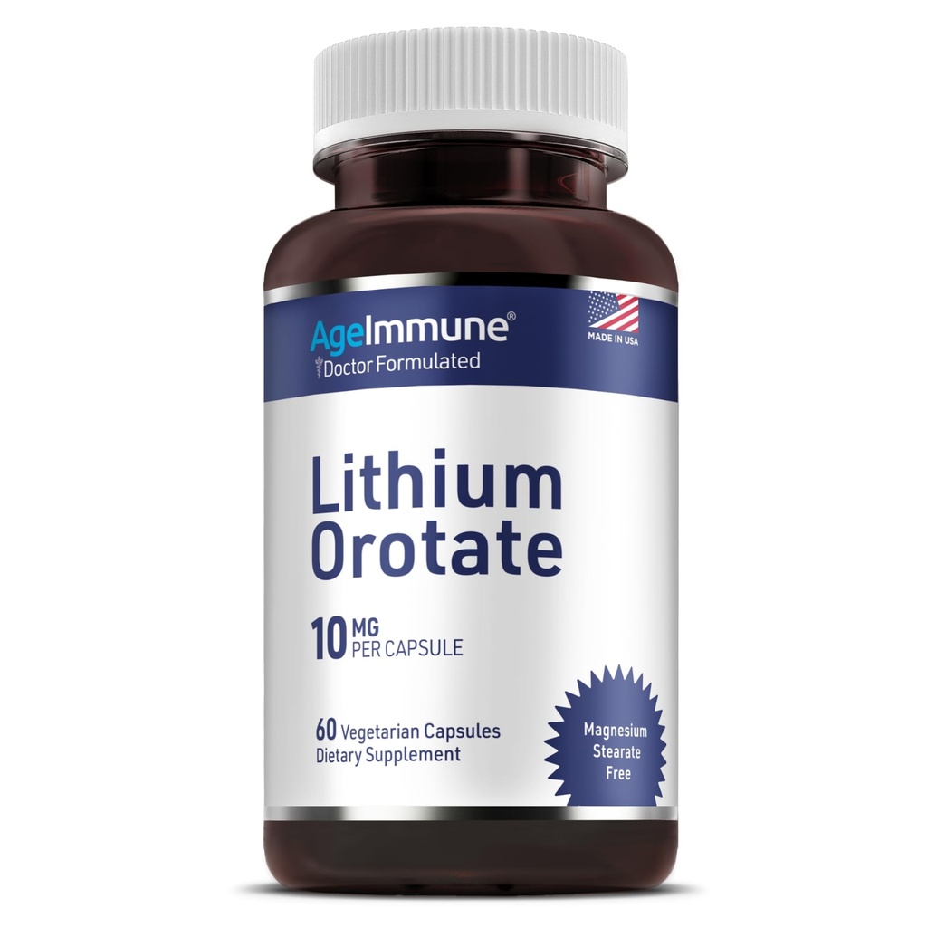 Lithium Orotate Supplement 10mg, 60 Vegetarische Capsules. Ondersteunt geheugen en emotionele welzijn. Magnesium Stearate Gratis Supplementen. (1)