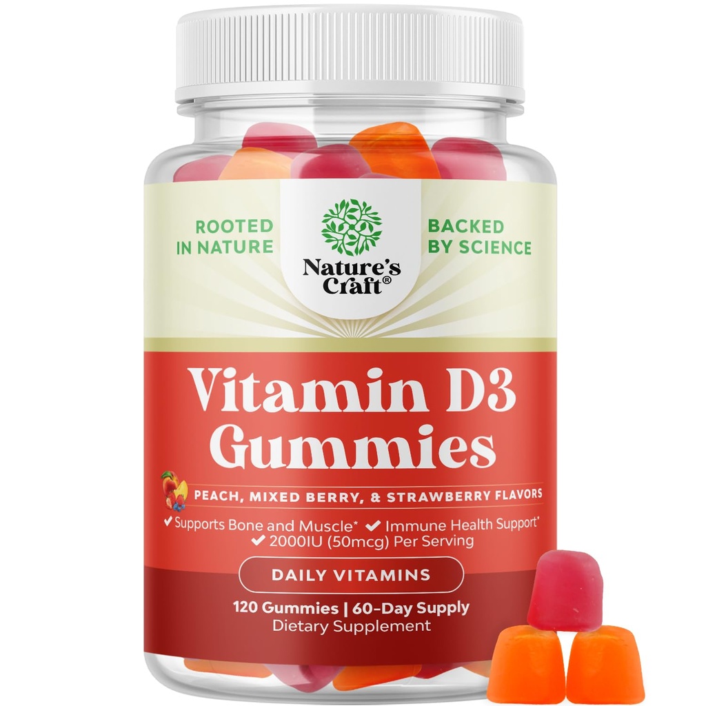 Natures Craft Vitamine D3 Gummies for Daily Wellness - Delicious Vitamine D Gummies for Adults with D3 2000IU per Serving Bone Muscle & Immune Support - Non-GMO Gelatine & Gluten Free (60 Day Supply)