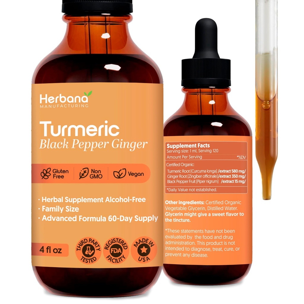 Turmeric 3-in-1 Liquid Extract with Ginger & Black Pepper - Herbal Supplement Tincture - 4 FL OZ