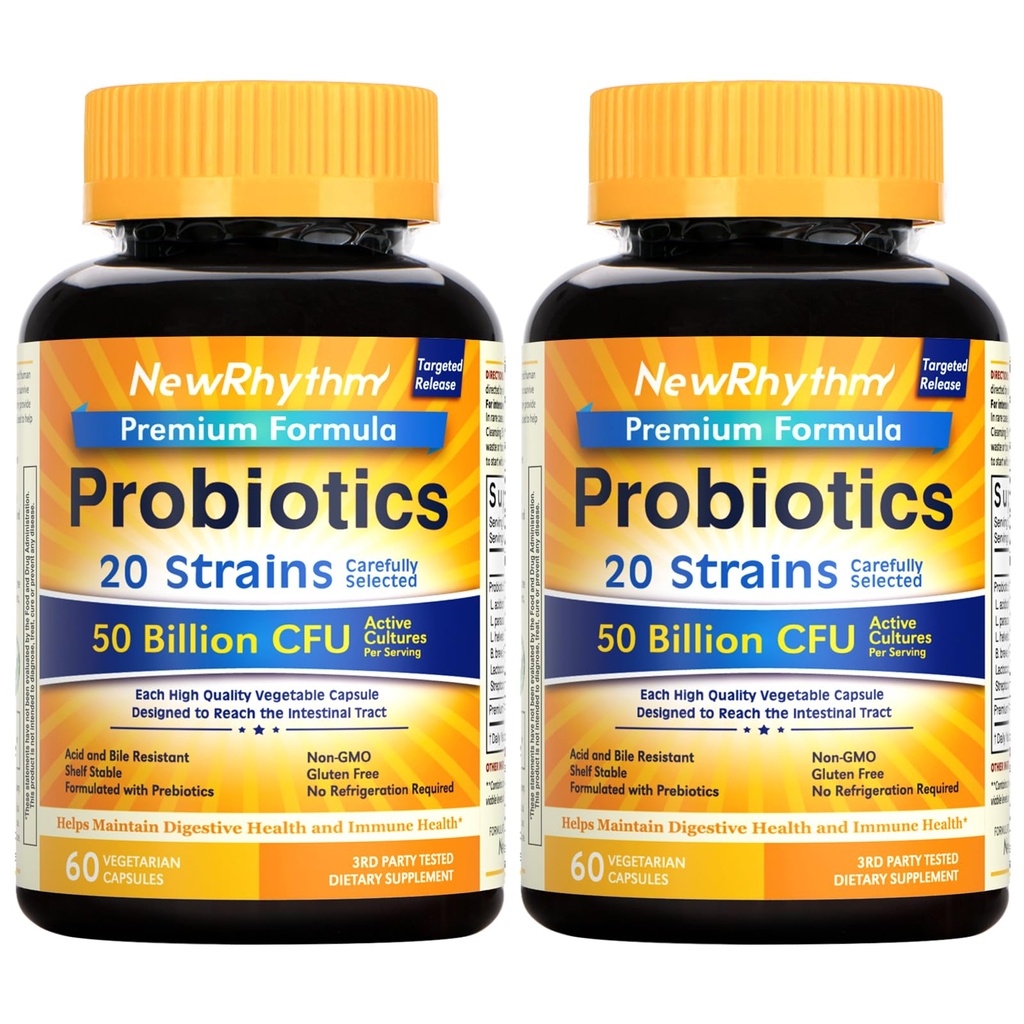 NouveauRhythme Probiotiques 50 milliards CFU 20 souches, 120 capsules de légumes, technologie de libération ciblée, résistant à l'acide estomac, pas besoin de réfrigération, non-OGM, sans gluten
