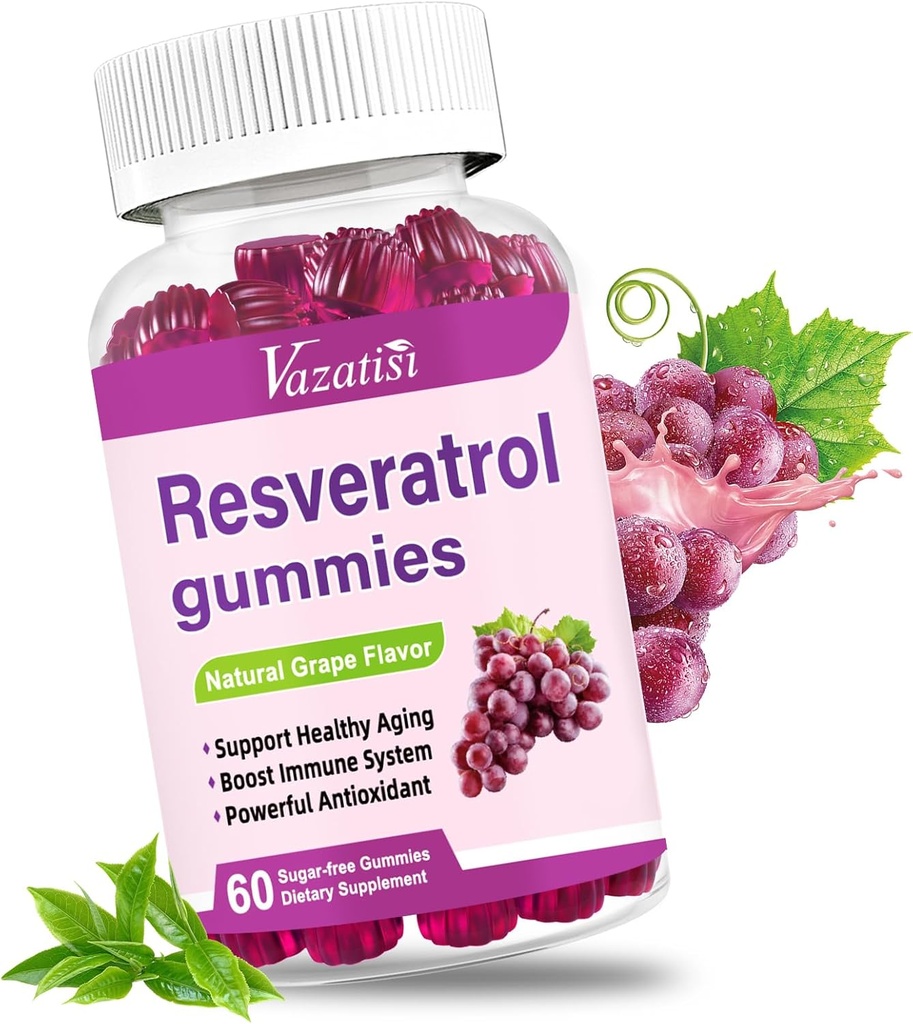 Hoge zuiverheid Resveratrol Gummies, 98% Trans-Resveratrol met quercetine, Coq 10, Vitamine C, Reservatrol Supplement voor Antioxidant, Anti-Aging, 60 Gummies