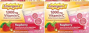 Emergen-C (30 Count, Raspberry Flavor, 1 Month Supply Dietary Supplement Fizzy Drink Mix with 1000mg Vitamin C, 0.32 Ounce Packets, Caffeine Free (Pack of 2)