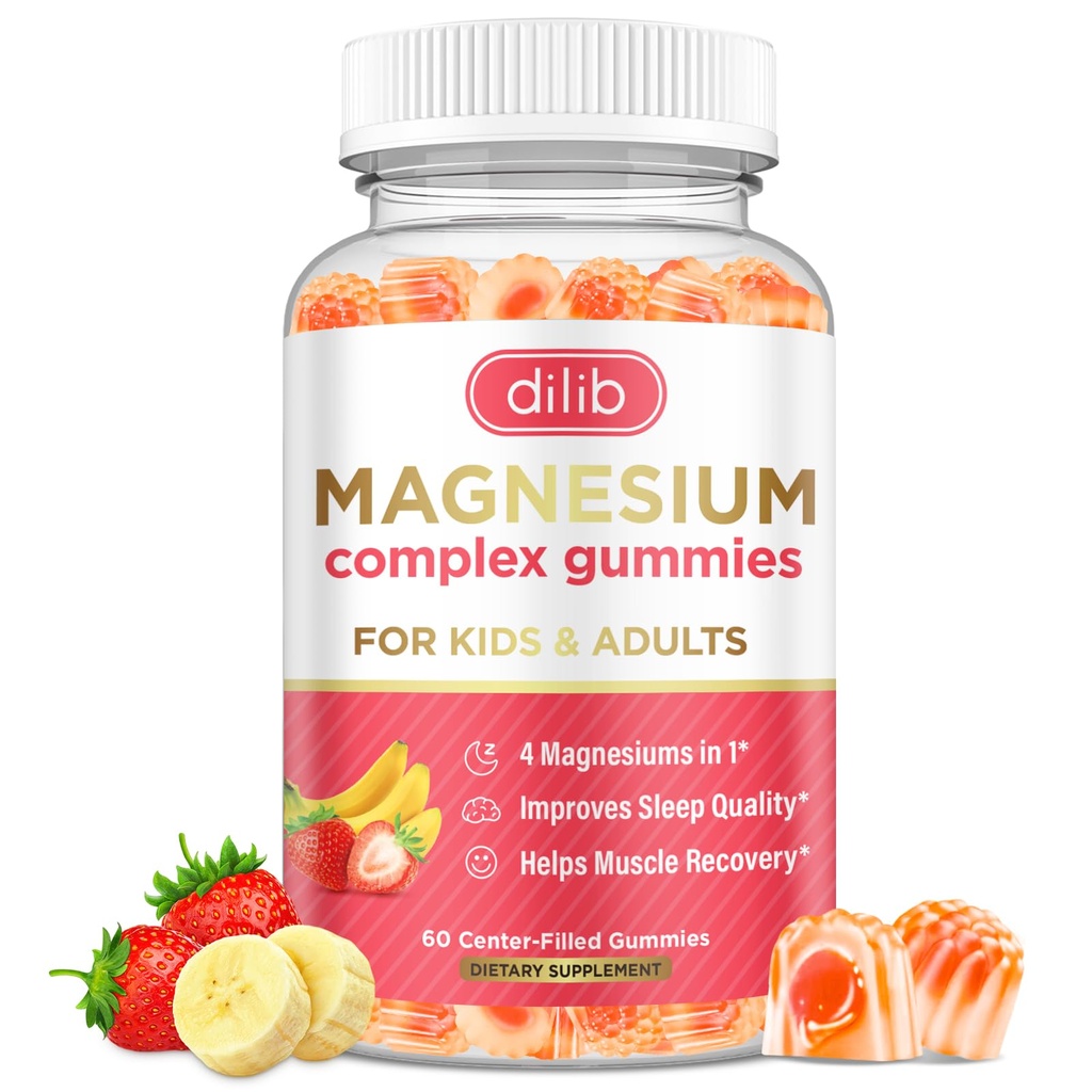 Magnesium Complex Gummies for Kids & Adults- Magnesium Glycinate, Taurate, Citrate, Malate Supplement-Support Calm Stress Relief, Bone, Muscle, Mood Vegan, Banana & Strawberry Flavor, 60 Gummies