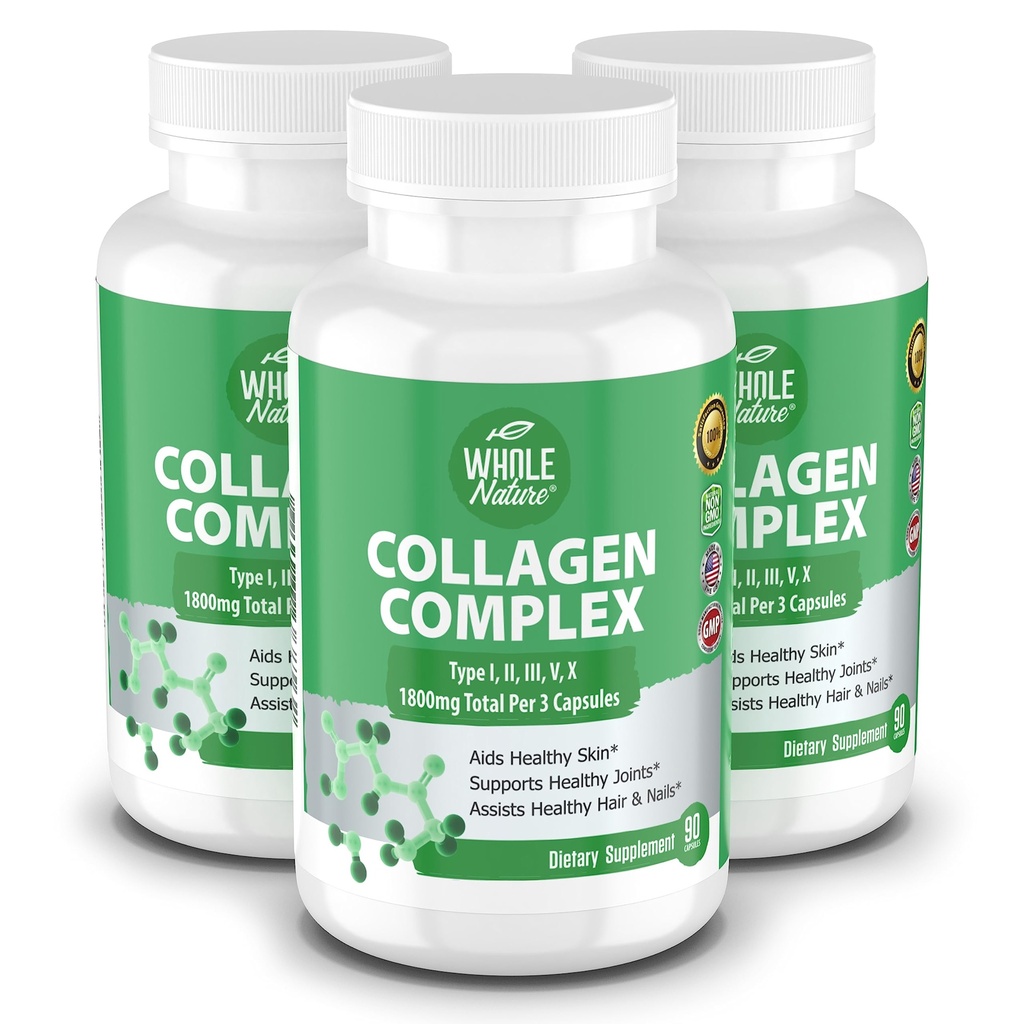 Multi Collageen Proteïne Peptides Supplement Capsules - 1800mg Collageen Complex Types I, II, III, V, X - Gezamenlijke ondersteuning, Gezond haar, huid, nagels, Beauty Vitaminen, 100% Natuurlijke, Non-GMO 270ct (3)