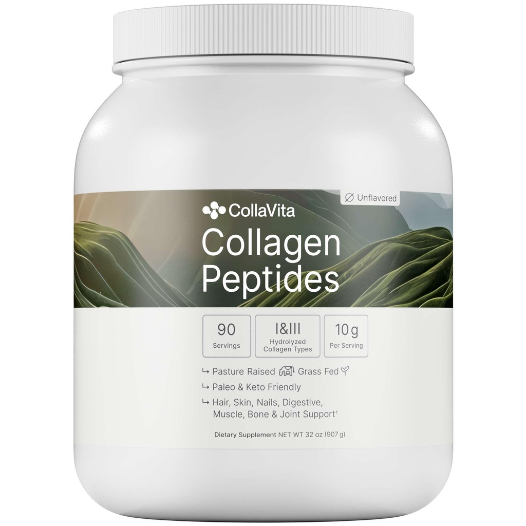 CollaVita Collagen Peptides Powder (3 Month Supply) Grass-Fed Pasture-Raised Hydrolyzed Collagen Powder, Type I & III Hair, Nails, Skin & Joints, Non-GMO, Paleo & Keto, Unflavored, 32 oz. 90 Servings