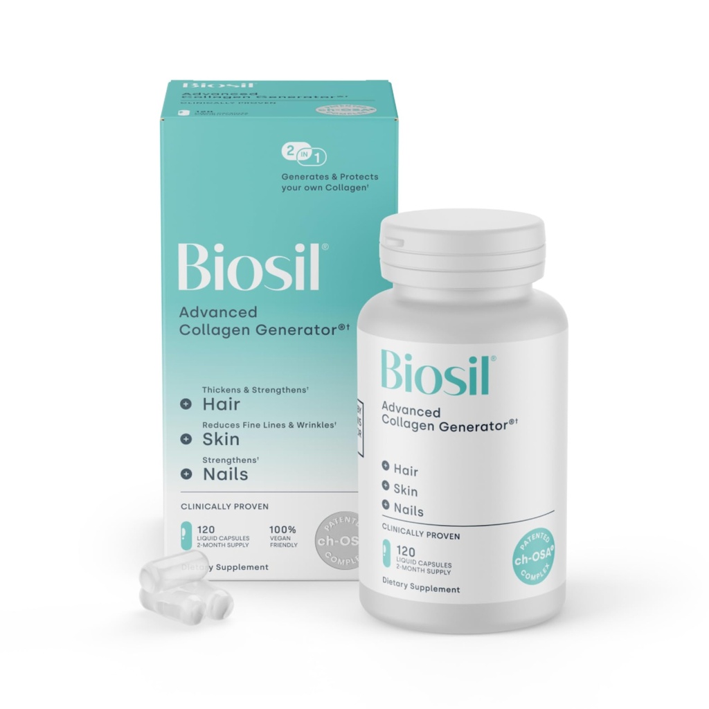 Biosil Collagen Booster Supplement - 120 Vegan Capsules - Patented ch-OSA Activator for Skin, Hair, Nails & Joints - Supports Natural Production - 60-Day Supply