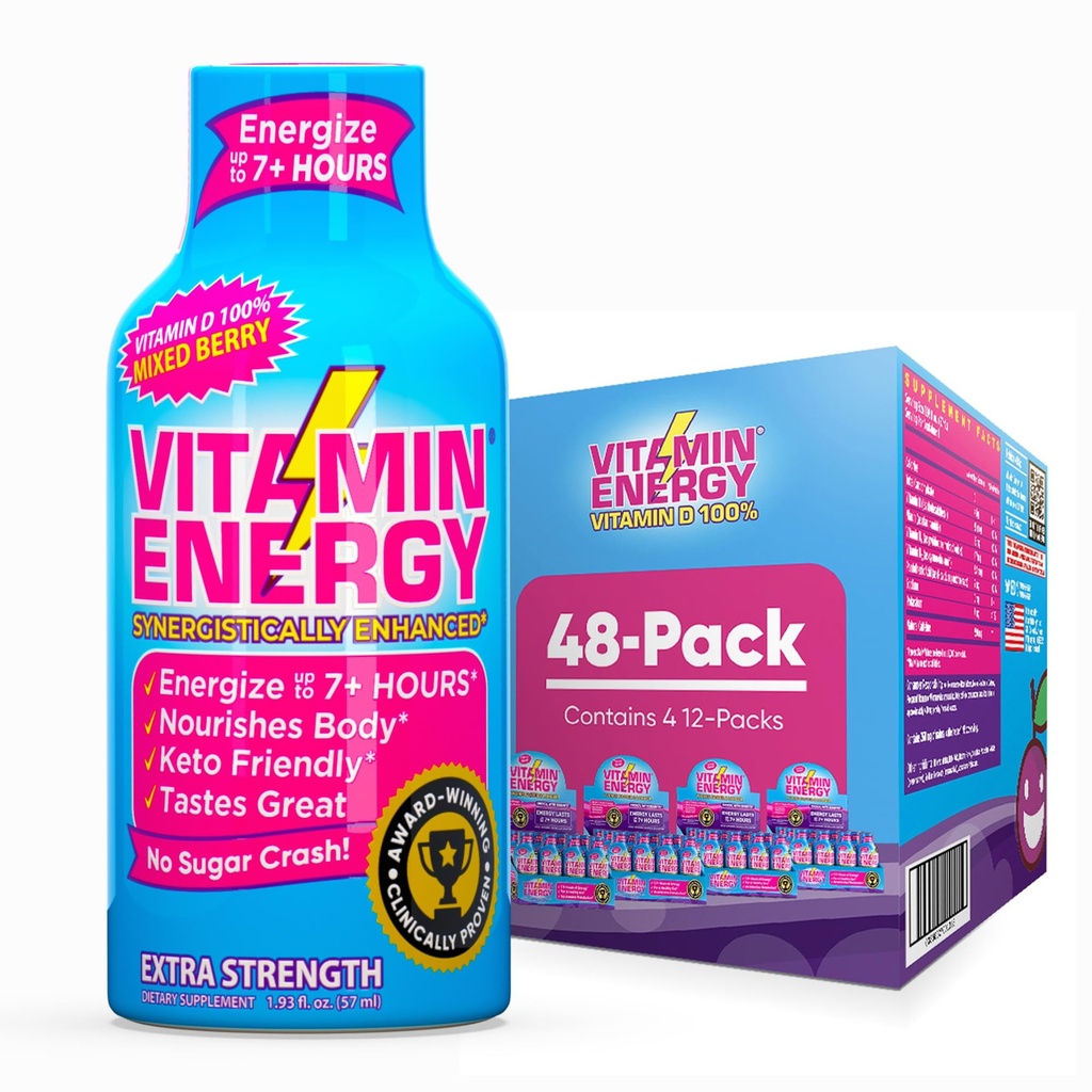 Vitamin Energy Vitamin D Extra Strength Energy Shot Mixed Berry 48 Pack, 260mg Natural Caffeine, B-Complex, Vitamin D, Wellness Support, Keto, Zero Sugar, Gluten-Free Vegan Kosher, 1.93 fl oz