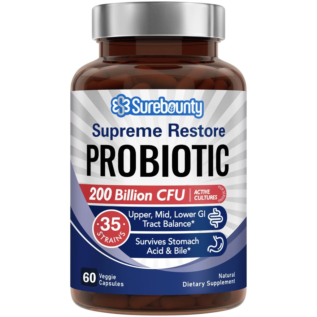 Probiotica voor mannen & vrouwen, 200 miljard CFU 35 strains, prebiotica + spijsverteringsenzymen, Supreme Restore Probiotic Supplement, Upper, Mid, Lower GI Tract Balance, 60 Veggie Capsules, 1 maand