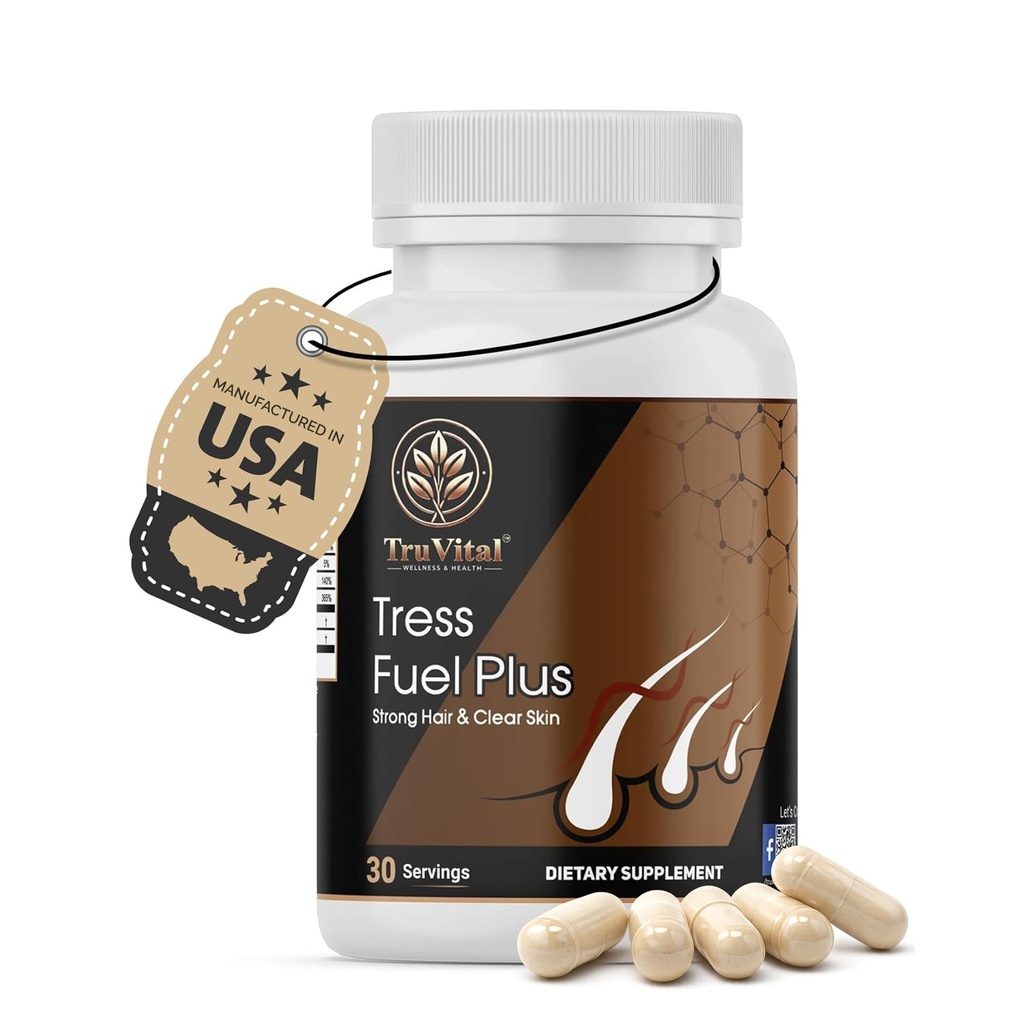 TRUVITAL™ Tress Fuel Plus Hair Support Supplement with Biotin & Collagen – Iron, Zinc & Vitamin C for Hair, Skin & Nails – Daily Nutrient Formula for Men & Women – Made in USA – 30 Capsules