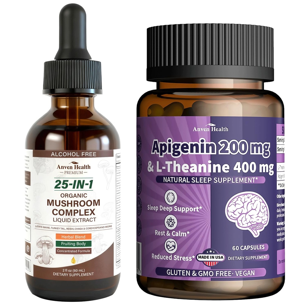 400mg L-Theanine with 200mg Apigenin Supplement 25-in-1 Organic Mushroom Complex Supplement Liquid Drops