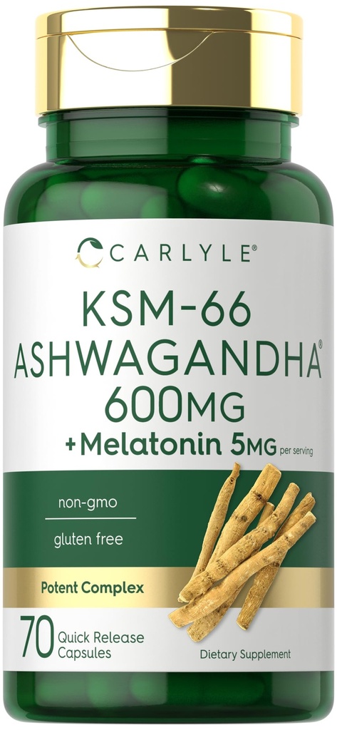 Carlyle KSM-66 Ashwagandha Capsules 600mg, 70 Count, avec de la mélatonine 5mg, Complexe Potentiel, sans gluten