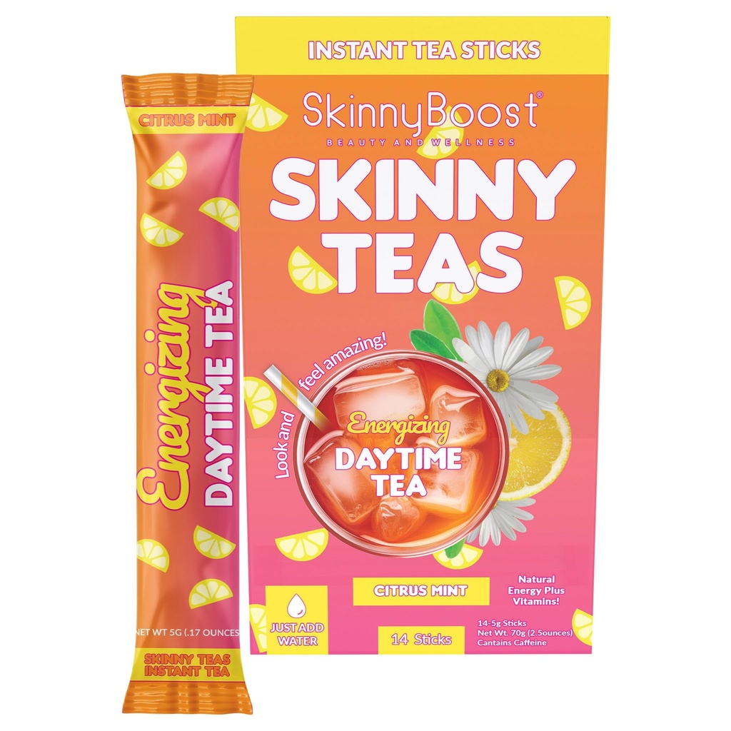 Skinny Teas Energizing Daytime Tea Sticks – Citrus Mint Instant Tea, Natural Energy + Metabolism Support, Vitamins + Prebiotic Fiber, 10 Calories, 14 Count