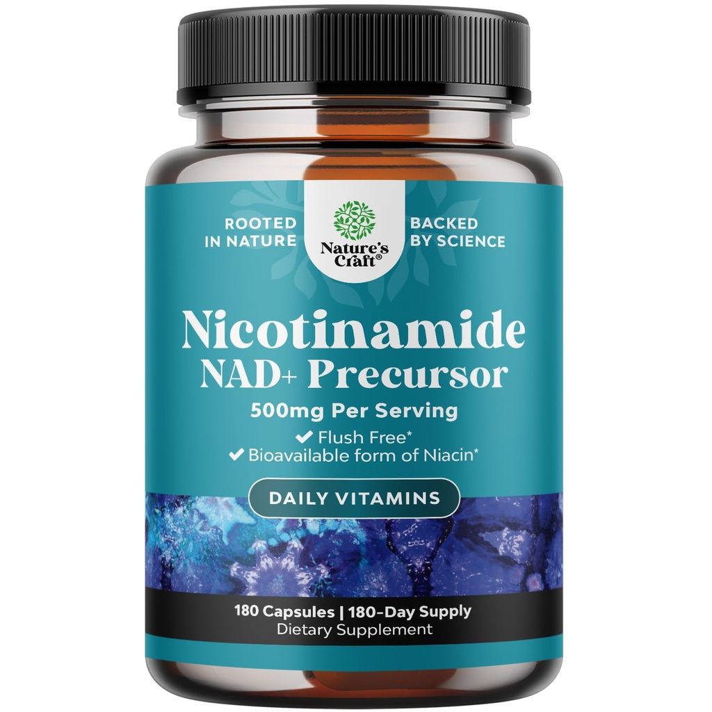 Vitamine B3 Niacinamide 500 mg Capsules - Mitochondrial Energy and Potent Skin Supplement - AKA Vitamine B3 Niacin 500mg Flush Free en Nicotinamide 500mg - Flush Free Niacin Supplement - 180 Tel.
