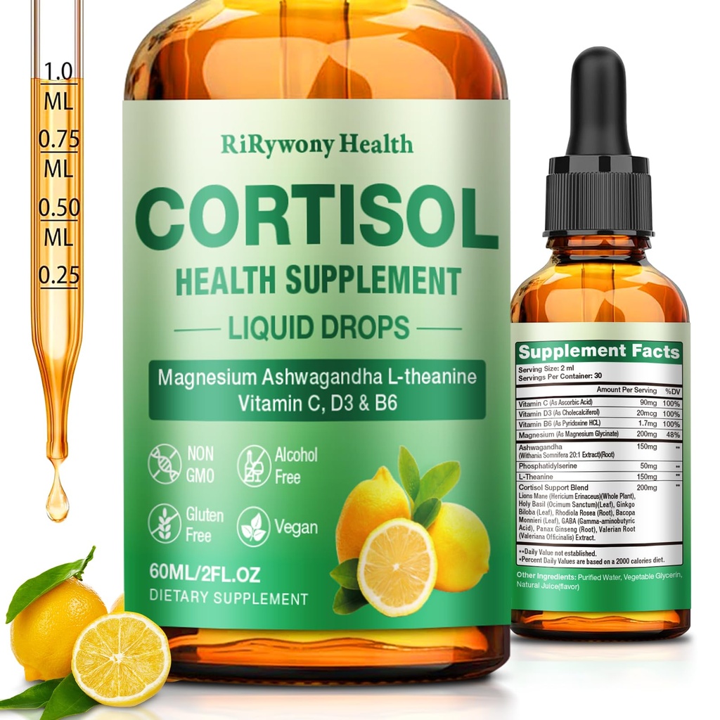 cortisol supplements for women & Men - Cortisol Detox Reducer Magnesium Glycinate, Ashwagandha, L-Theanine, Phosphatidylserine - Hormone Balance for Calm Mood Focus Sleep (2 FL.OZ Lemon)